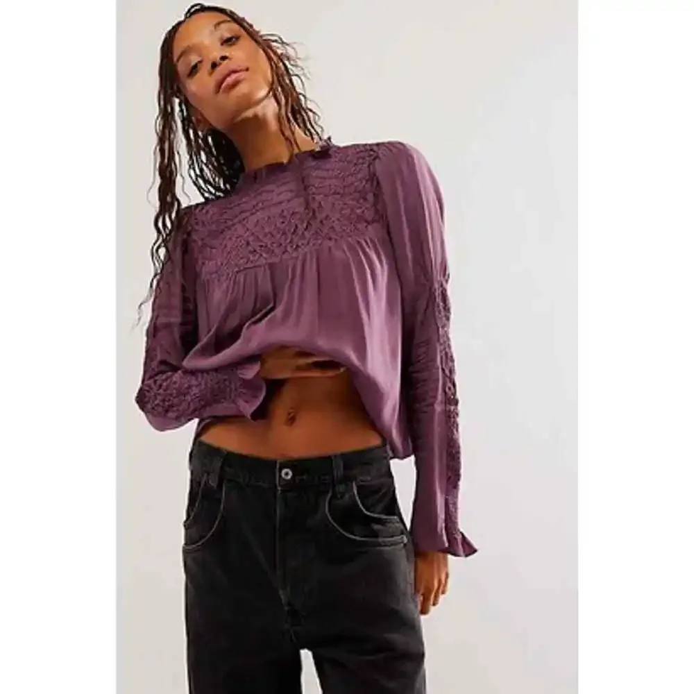 NEW Free People Smocked In Time Long Sleeve Top Plum Dark Academia Size Medium